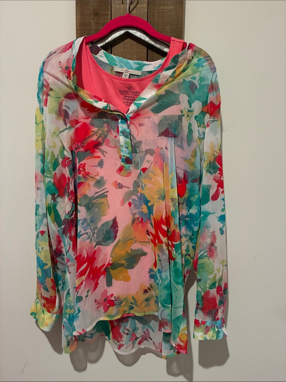 Fever Coral Teal Floral Sheer Blouse
